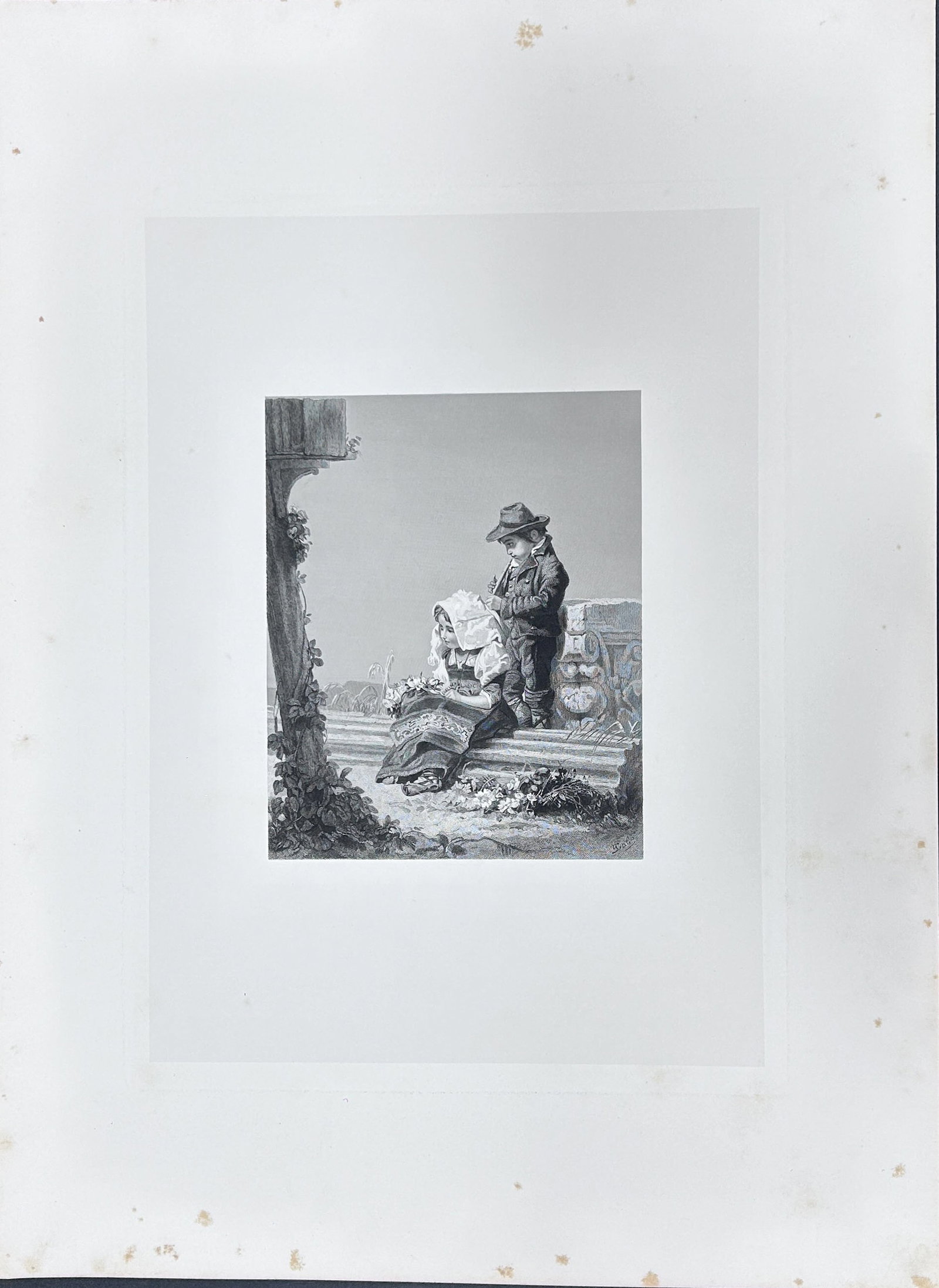 BRITISH SCHOOL, RURAL GENRE SCENE, COPPER ENGRAVING: A copper engraving depicting a rural scene with a seated girl holding flowers and a boy beside her, unframed. The lower right bears a signature. Dimensions: 60 x 45 cm. Condition: Foxing to the
