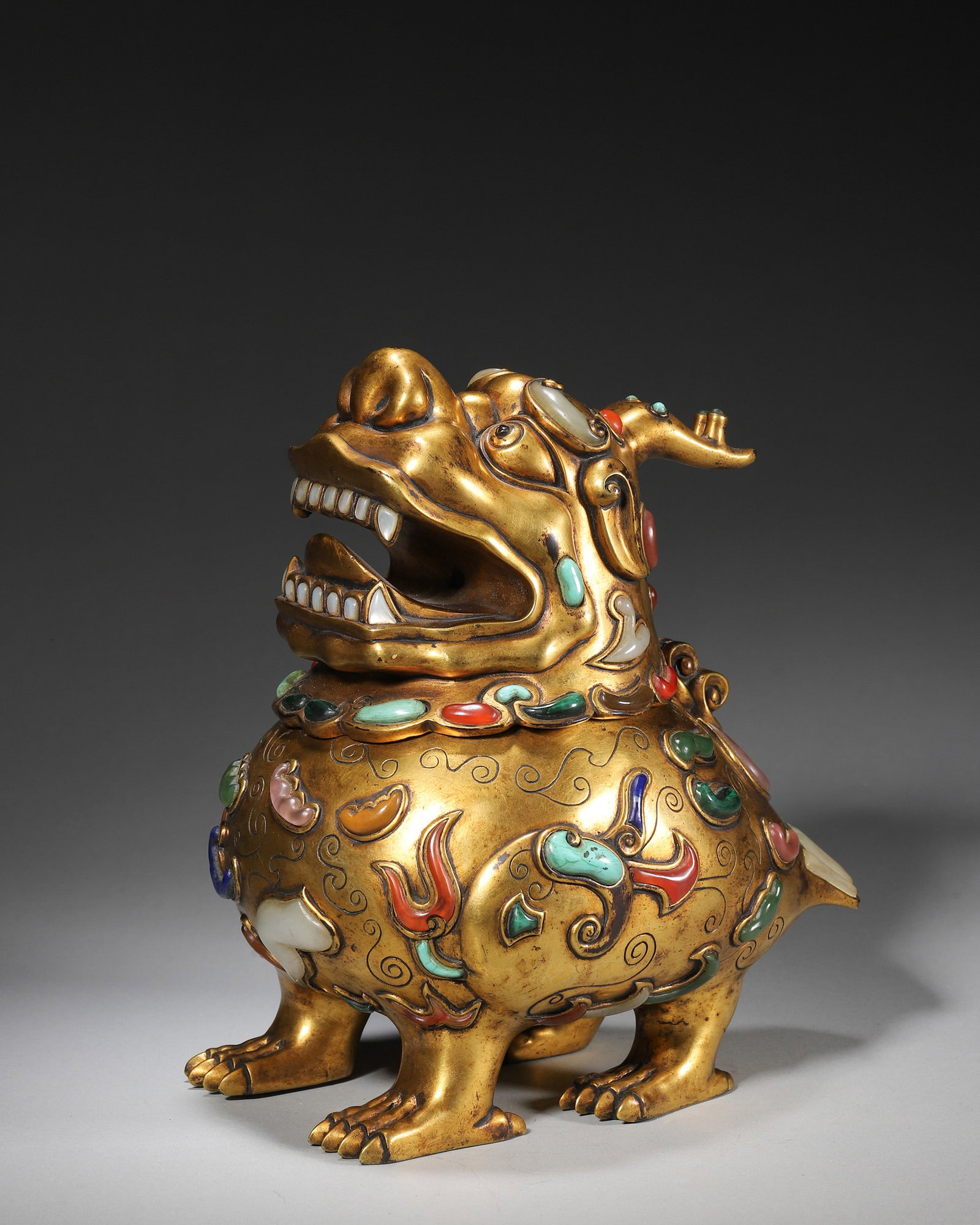 A GILT-BRONZE LUDUAN-FORM CENSER WITH COLORED-STONE INLAY (1 of 9)