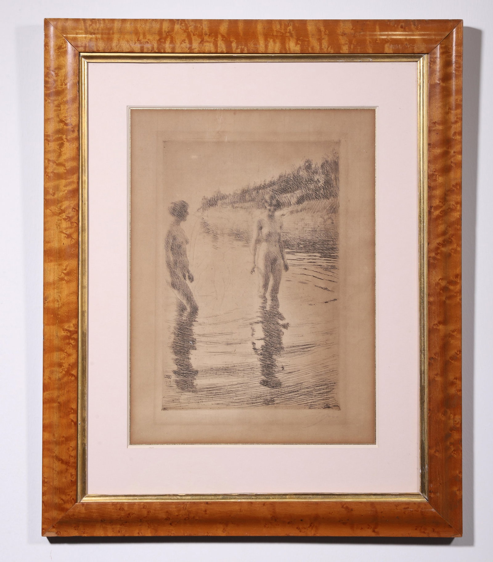 ANDERS ZORN, ATTRIBUTED TO, TWO BATHERS IN THE RIVER, ETCHING: Attributed to Anders Zorn. An etching depicting two female bathers standing in a river, framed. The work bears a date reading '1913' and signatures in the name of Anders Zorn. Dimensions: Image: 36 x