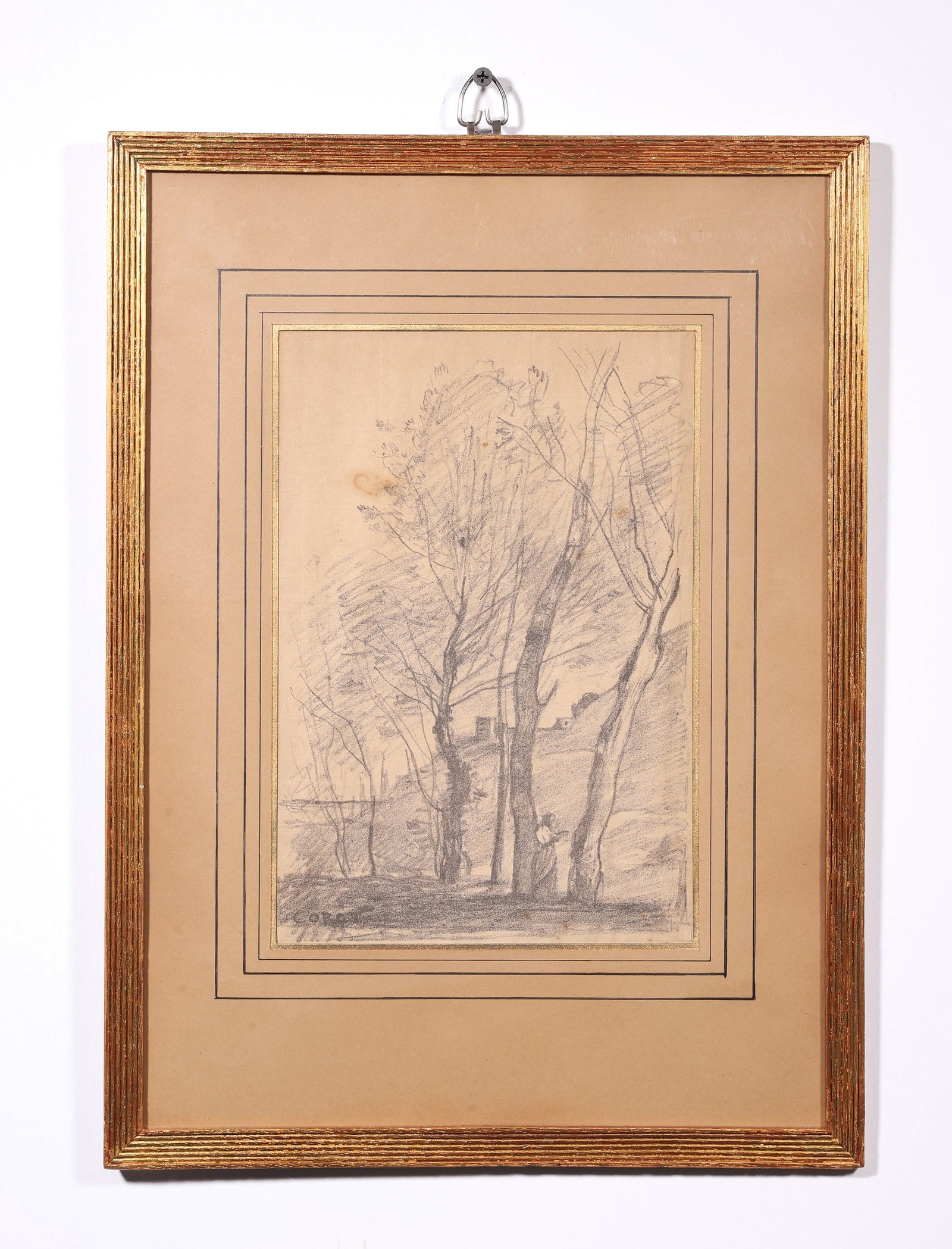 JEAN-BAPTISTE-CAMILLE COROT, ATTRIBUTED TO, GROUP OF TREES, LITHOGRAPH: Attributed to Jean-Baptiste-Camille Corot. A lithograph depicting a group of slender trees in a wooded landscape, framed. Dimensions: Image: 27 x 18 cm; Frame: 44.5 x 22.5 cm.