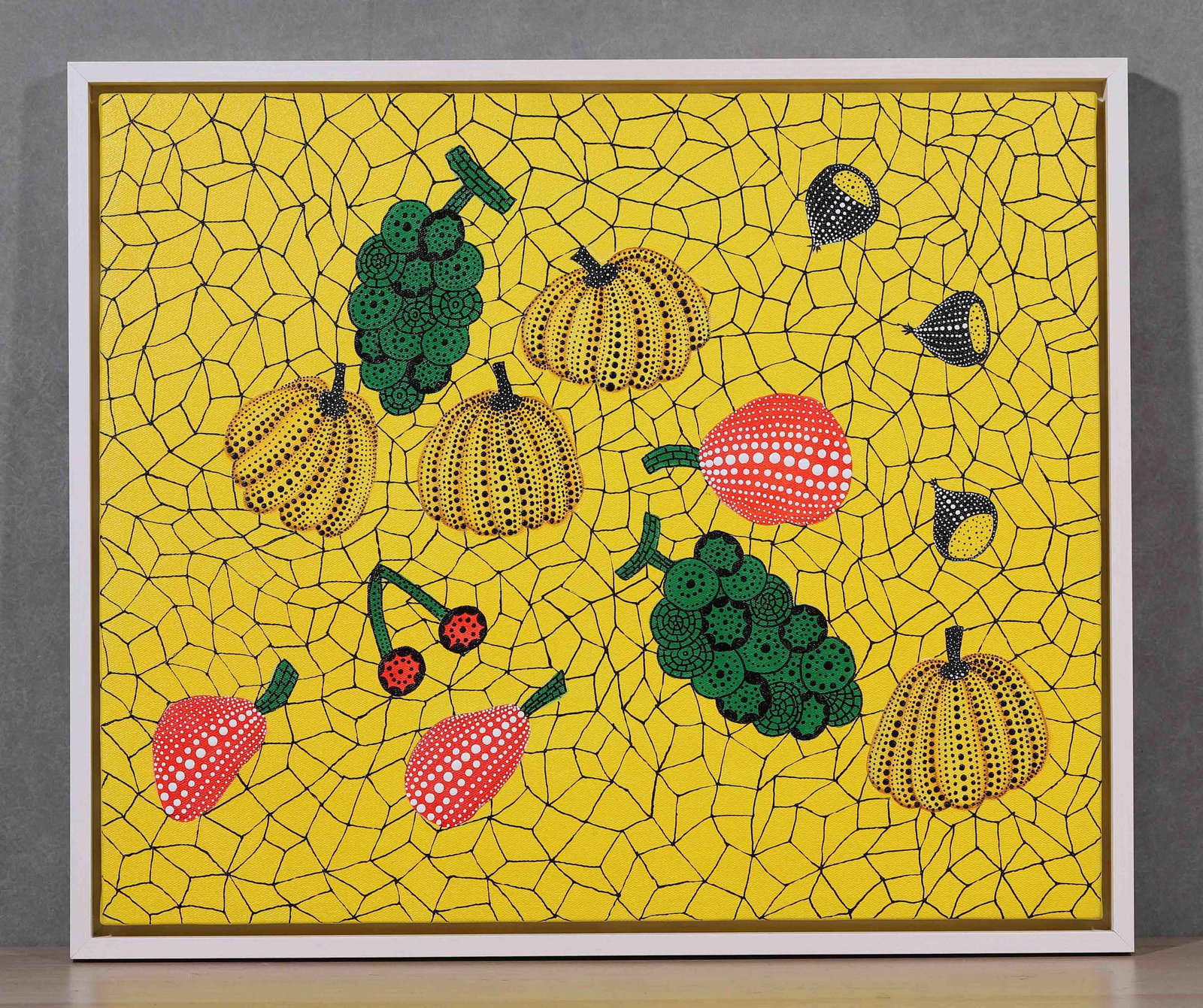 YAYOI KUSAMA, ATTRIBUTED TO, FRUIT AND VEGETABLES, ACRYLIC ON CANVAS: Attributed to Yayoi Kusama. Acrylic on canvas depicting pumpkins, mushrooms, strawberries, grapes, leaves and other fruit-and-vegetable forms against a yellow ground with black net-like patterning,