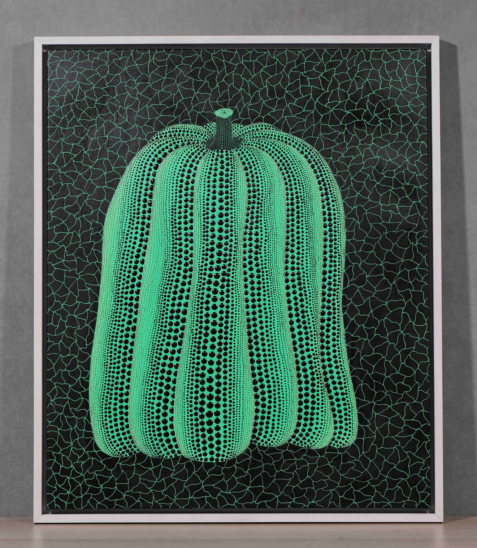 YAYOI KUSAMA, ATTRIBUTED TO, PUMPKIN, ACRYLIC ON CANVAS: Attributed to Yayoi Kusama. Acrylic on canvas depicting a large green pumpkin against a dark grey ground with pale net-like patterning, framed. Dimensions: 77 x 65 cm.
