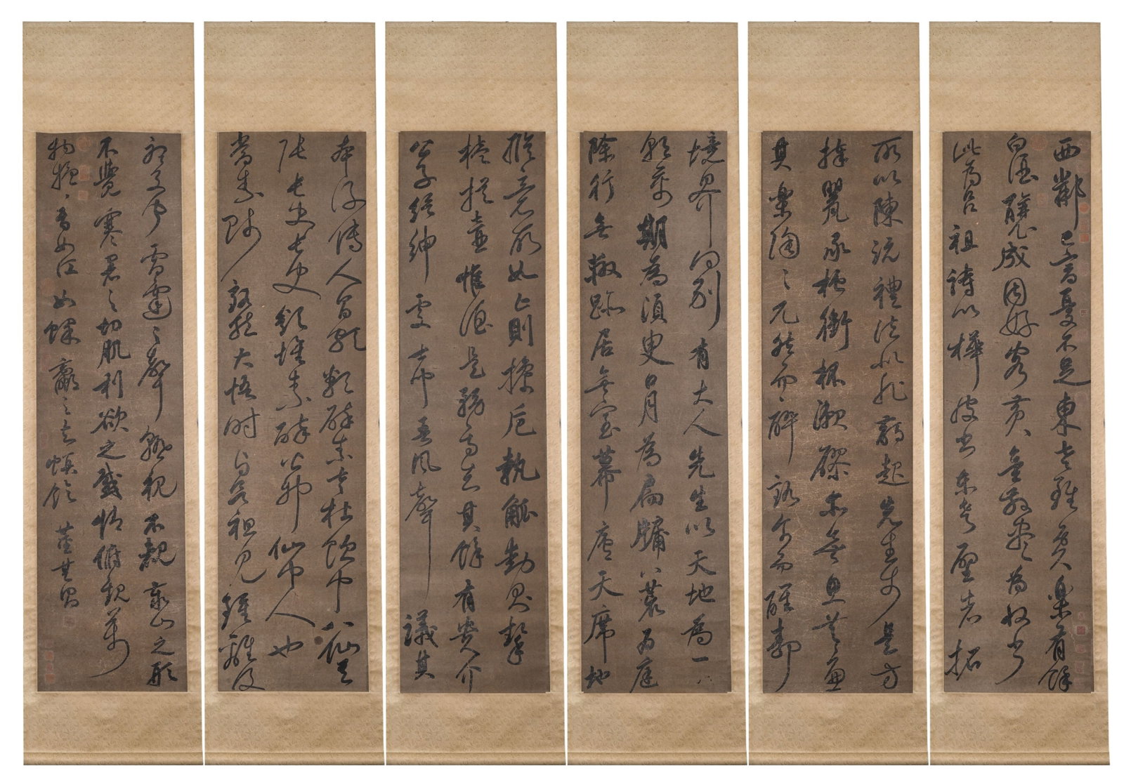 DONG QICHANG, ATTRIBUTED TO, CURSIVE CALLIGRAPHY, SIX-PANEL SCREEN: Attributed to Dong Qichang. Cursive calligraphy on paper, six-panel screen, transcribing an ancient prose text. The panels bear collector seals. Dimensions: 178 x 45 cm.