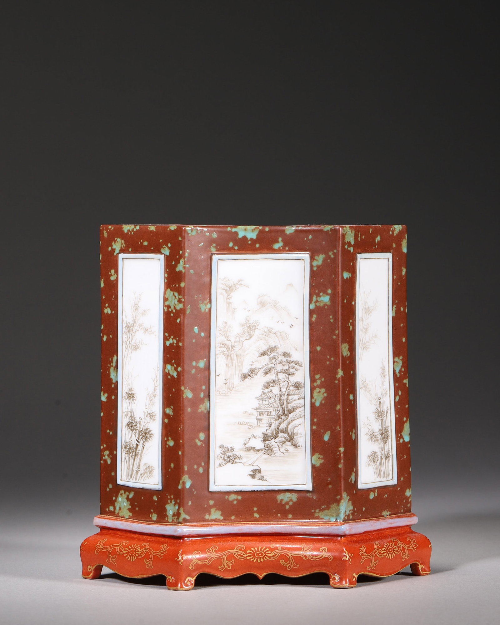 A DOUBLE-LOZENGE PORCELAIN BRUSH POT WITH LANDSCAPE PANELS (1 of 9)