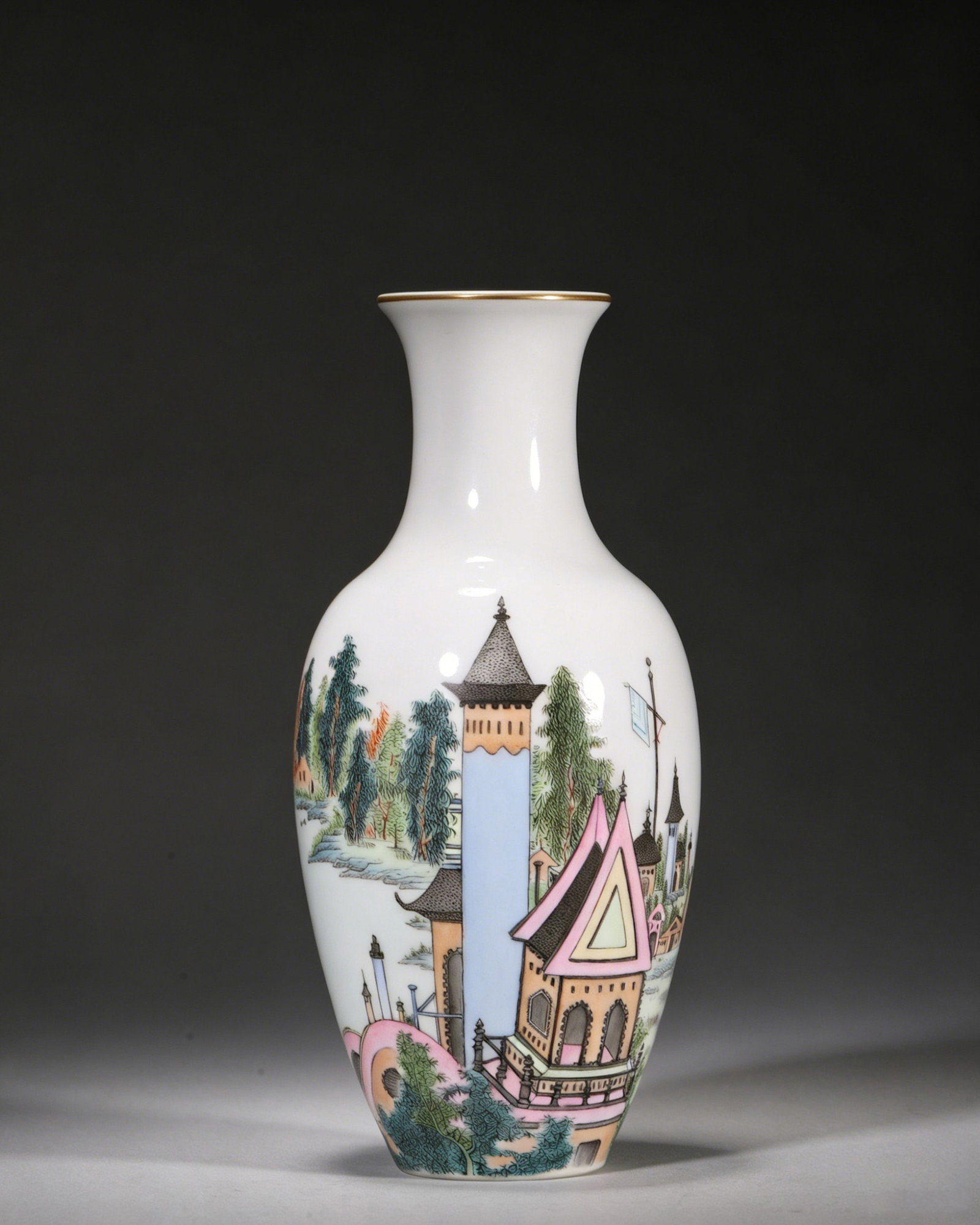 A FAMILLE-ROSE VASE WITH EUROPEAN FIGURES AND LANDSCAPE: A famille-rose porcelain vase painted with European figures, hounds and a townscape, with a gilt rim and foot. The base bears a four-character mark described in the source as Qianlong. Diam. 9 cm;