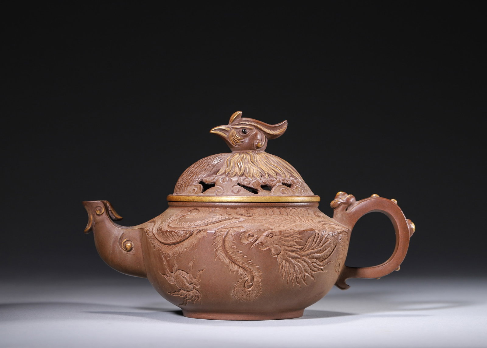 A PARTIALLY GILT ZISHA 'PHOENIX' TEAPOT (1 of 10)