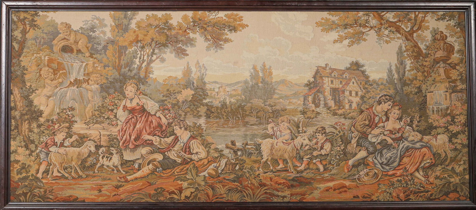 AN AUBUSSON-STYLE HANDWOVEN WOOL TAPESTRY WITH PASTORAL LANDSCAPE: A handwoven wool tapestry in the Aubusson style, depicting a pastoral landscape with figures, a fountain and a watermill, framed. Dimensions: Image: 160 x 67 cm; Frame: 168 x 76 cm.