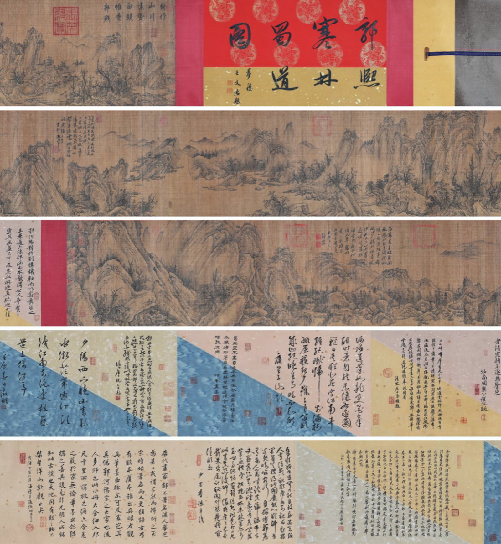 GUO XI, ATTRIBUTED TO, COLD FORESTS ON THE SHU ROAD, HANDSCROLL: Attributed to Guo Xi. Ink on silk, handscroll, depicting a rugged mountain road through wintry woods, with annotations, numerous colophons and multiple seals. Dimensions: Image: 395 x 38 cm; Overall L