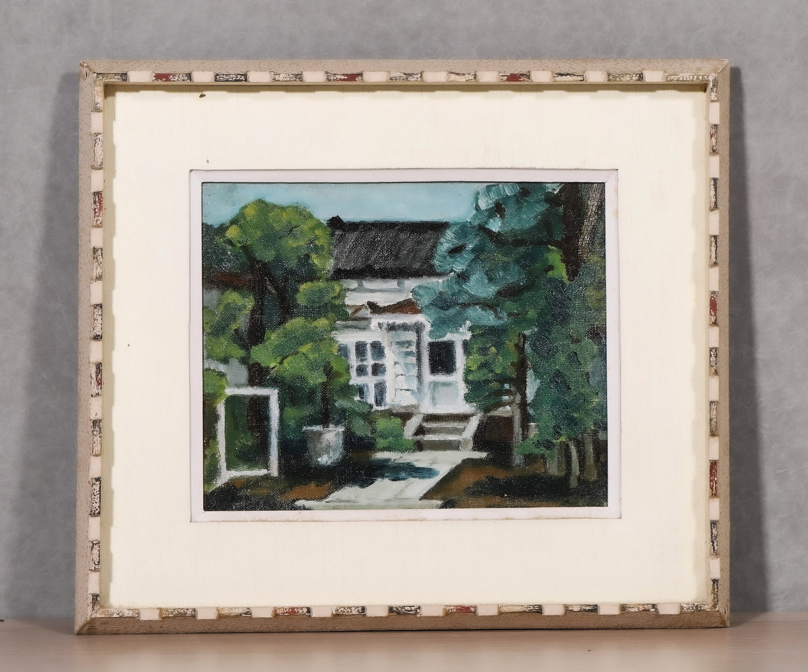 RYODO, ATTRIBUTED TO, OIL ON CANVAS: Attributed to Ryodo. Oil on canvas, framed in a wood-mosaic frame. The work bears a signature in the name of Ryodo and a date reading '1934'. Dimensions: Image: 26 x 21 cm; Frame: 42 x 37 cm.