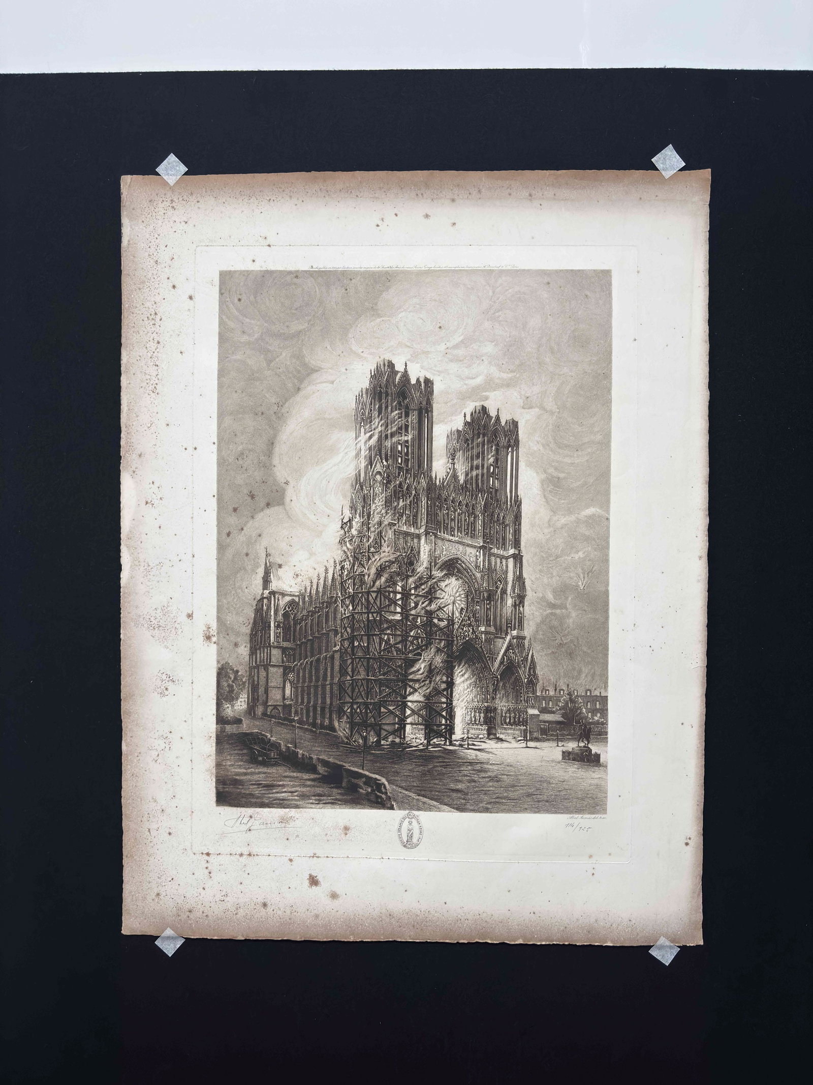 ABEL JAMAS, ATTRIBUTED TO, THE BURNING CATHEDRAL OF REIMS, ETCHING: Attributed to Abel Jamas. An etching titled 'The Burning Cathedral of Reims', commissioned by the Society of Friends of Old Reims in 1919 and numbered 114/125. The print bears a printed credit reading