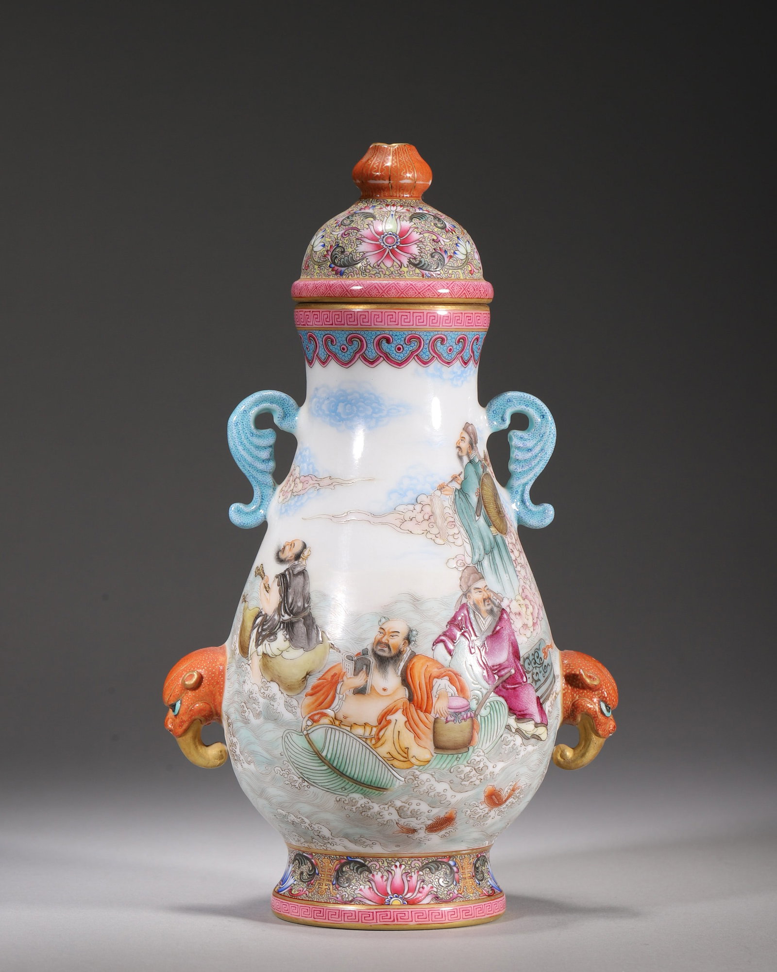 A FAMILLE-ROSE 'EIGHT IMMORTALS' COVERED VASE (1 of 9)