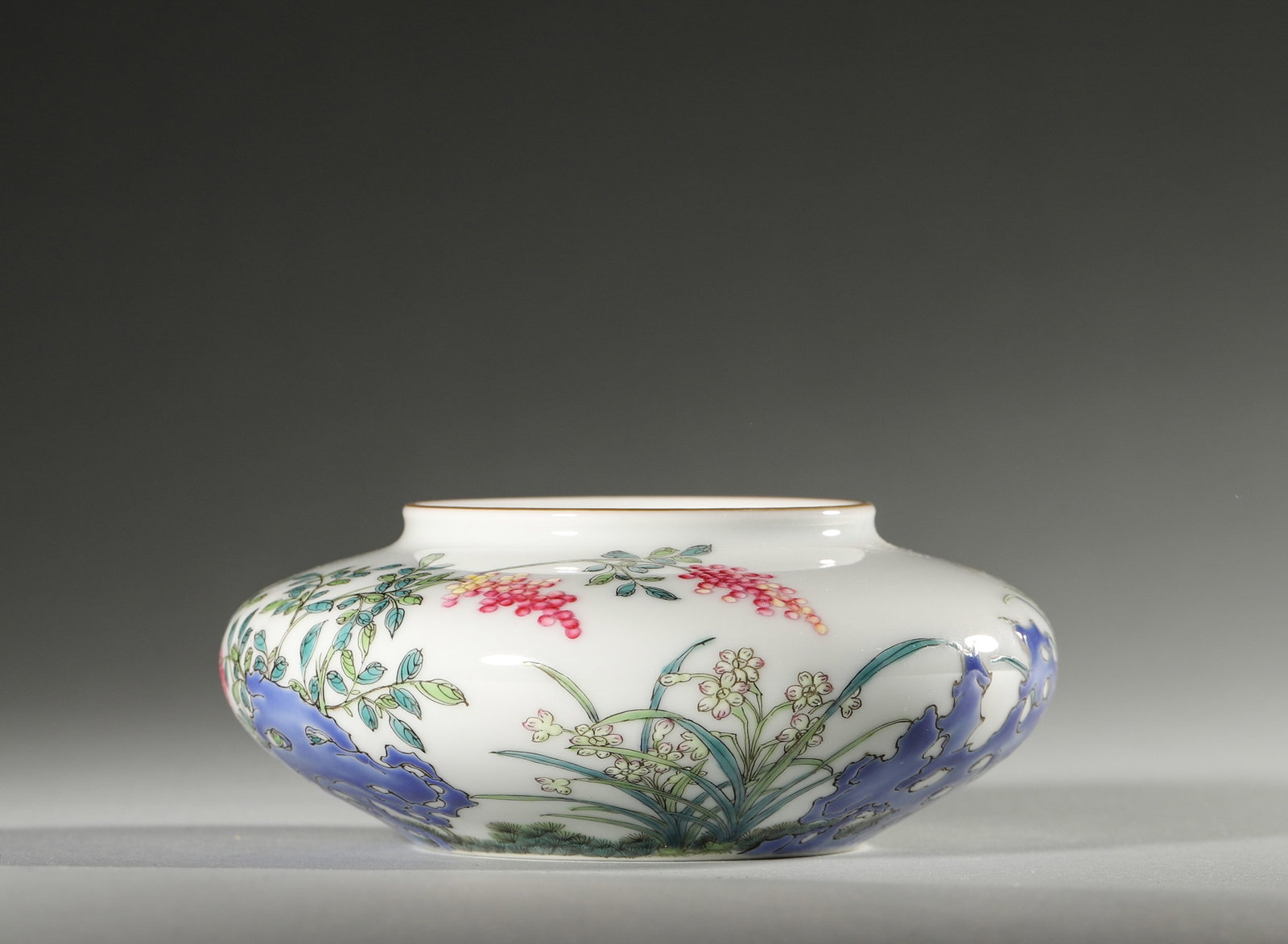 A FAMILLE-ROSE 'ROCK AND FLOWERS' PORCELAIN WATER POT (1 of 8)