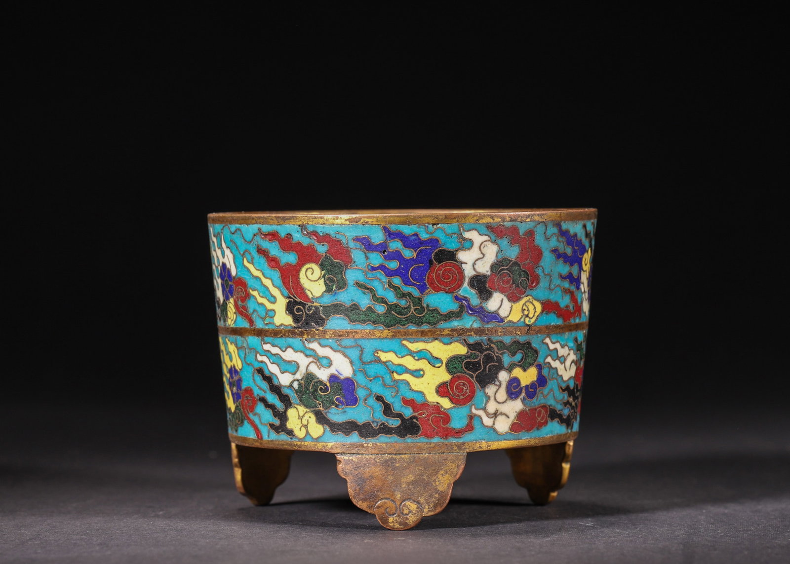 A GILT-BRONZE AND CLOISONNE ENAMEL TRIPOD CENSER WITH CLOUD MOTIFS (1 of 8)