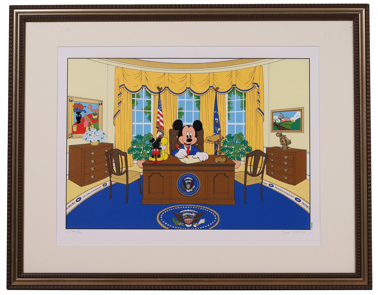 MICKEY MOUSE FOR PRESIDENT, LIMITED-EDITION SERIGRAPH: A 1988 limited-edition serigraph on archival paper depicting Mickey Mouse seated behind the desk in the Oval Office. The source states an edition of 500; the lower margin bears a publisher's pencil si
