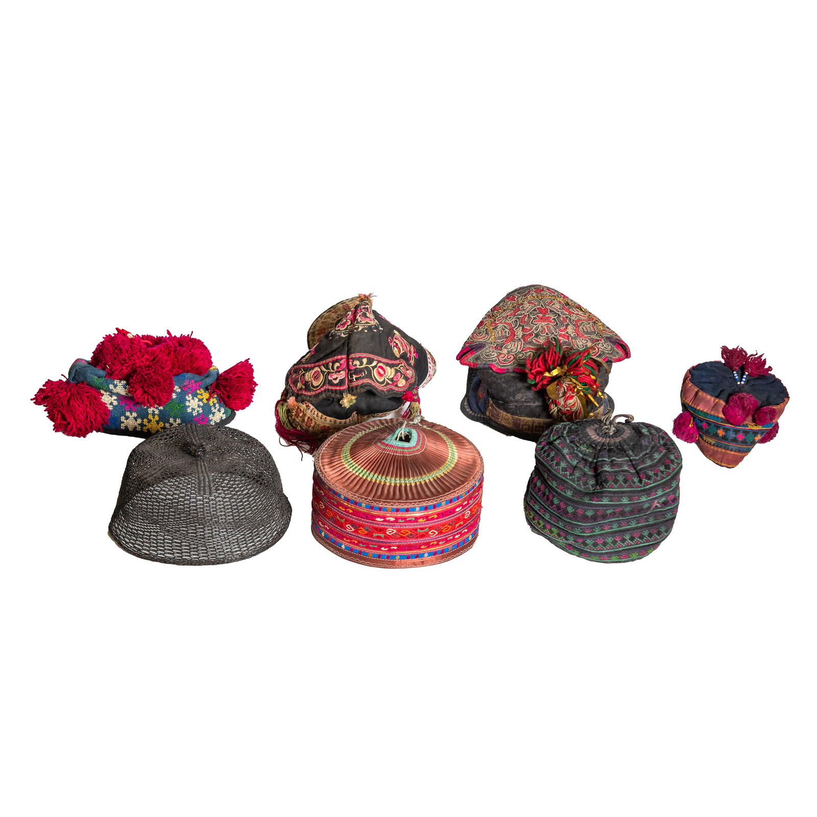 (LOT OF 7) GROUP OF CHINESE ANTIQUE HATS: (lot of 7) Group of Chinese antique hats. Largest: 4.72"h x 10.63"l (12 x 27 cm)