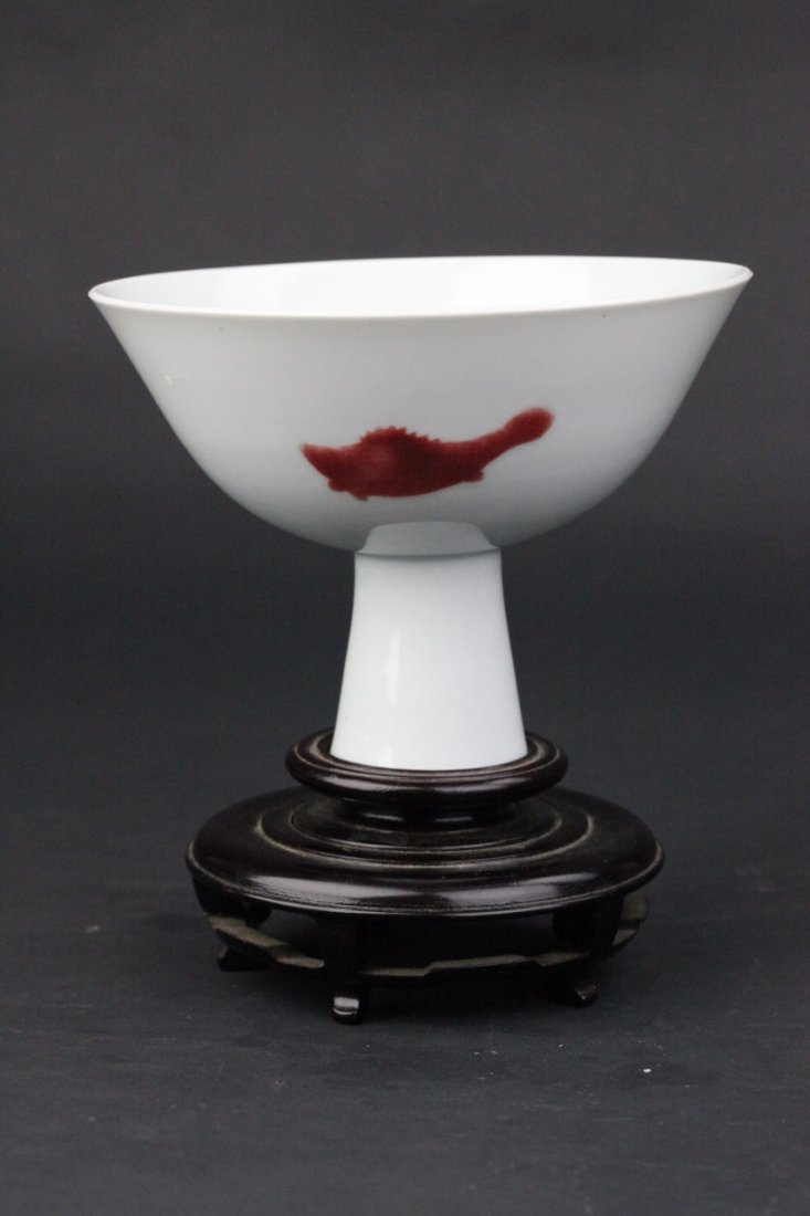 Chinese Famille Verte Porcelain Stem Cup: Chinese Famille Verte Porcelain Stem cup featuring primitive marine creature motif. Stem base with period seal imprint. Diameter 6" Height 5" Provenance Sotheby's.