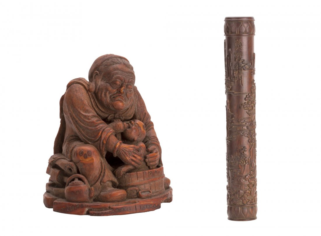 Carved Bamboo Statue & Incense Hardwood Stick Holder: 1.Well carved bamboo statue of a seated elderly women protectively holding a child feeding from a bottle. 2.Well carved bamboo incense hardwood stick holder with top cap, of elongated cylindrical form