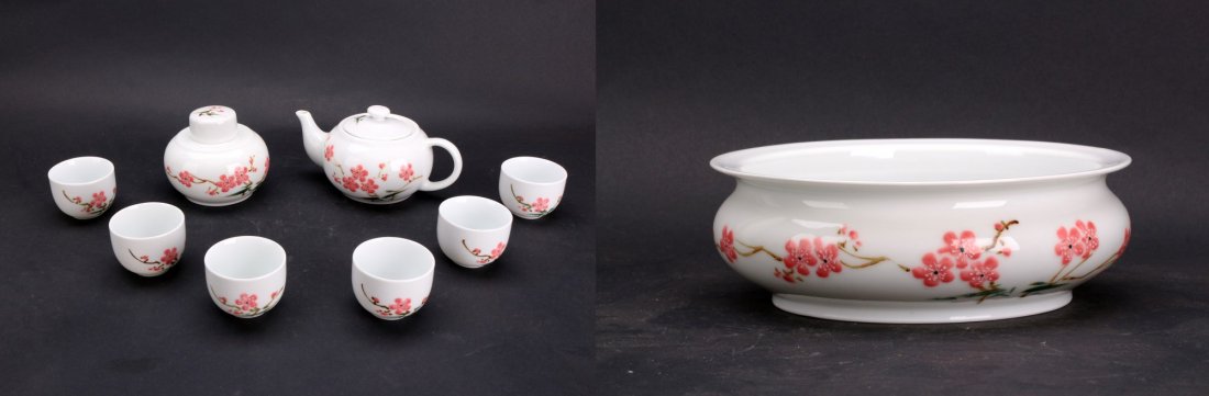 Revolutionary style famille rose porcelain: 1.Chinese porcelain famille rose enameled Revolutionary style bowl or brush washer, of circular form, with the design of flower on branch motifs on white ground, Chinese inscription on the back of the