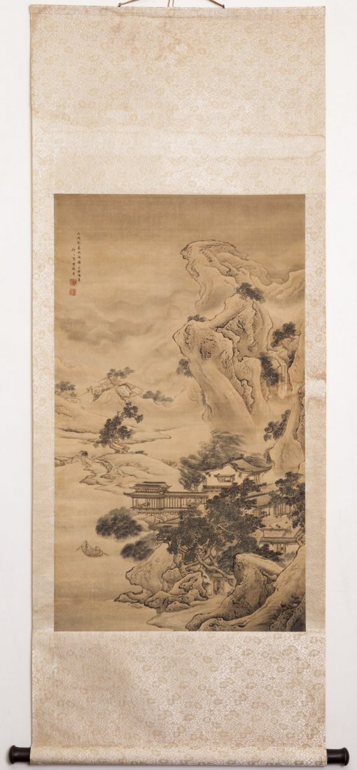 Chinese Scroll Painting: Chinese ink and color on silk hanging scroll painting, depicting the mountainous and river scenic of rising storm sweeping over trees by the pavilion, inscribed and signed after Yuan Yao, with two sea