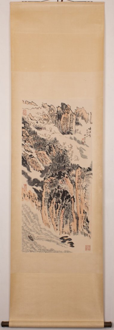 Chinese Scroll Painting: Chinese hanging scroll painting, ink and color on paper, depicting mountain, river and trees, signed Lu Yanshao with five seals of artist. Length 34.75" Width 16"