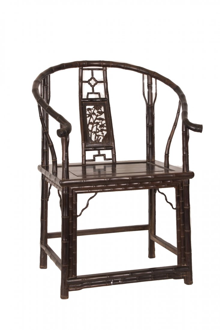 Zitan Horseshoe back chair: Zitan chair, in dark purple color, with exquisitely shaped top rail, hollowed escutcheon splat back with bamboo tree pattern, feet united by square stretcher, with decorative wavy rails on corners ben