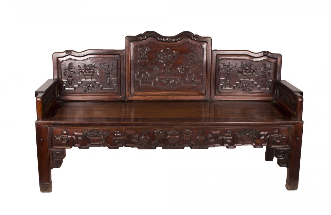 Rosewood or Hardwood kang table ,19 Century: Rosewood or Hardwood kang table, of rectangular seat and mottled dark brown color, with exquisitely carved escutcheon splat back, which has curved top rail and is a union of three intricately carved s