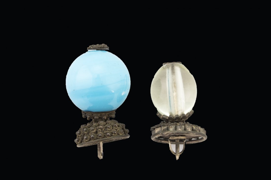 Two Pieces Peking Glass of Hat Finial: Two Pieces Peking glass of antique Chinese government official Manchu hat finial. Length 1.5" Height 2.5" (Largest)