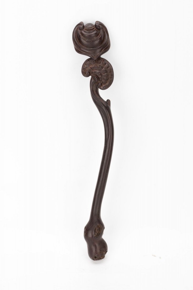 Chinese Xiaoye Zitan wood Ruyi Scepter: Chinese well carved xiaoye zitan wood ruyi scepter with an acorn like shaped tip and slightly curved body. Length 12" Width 2.5"