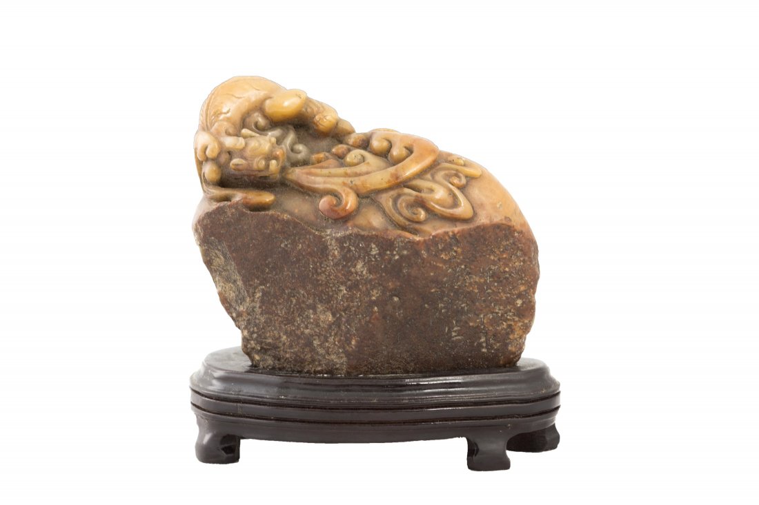 Chinese Shou Shan Soapstone Seal with Wooden Stand: Chinese shou shan soapstone seal, depicting a mysterious beast on a thick rock. Length 3.5" Width 1.5" Height 3.5"