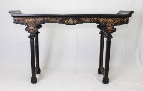 Chinese Zitan Altar Table: Chinese Zitan Altar Table, intricately gilt gold with continuous auspicious flower patters, rectangular top of waisted construction supported by an elaborately incised apron and raised on feet of ruyi