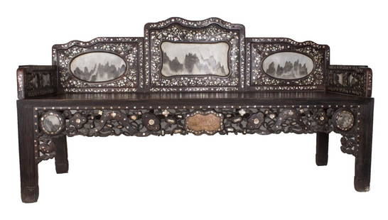 Chinese Rosewood Bench: Chinese Rosewood Bench, 18th-19th Century,with shaped back having three marble plaques, the whole with mother-of-pearl inlaid depicting landscape of mountain.