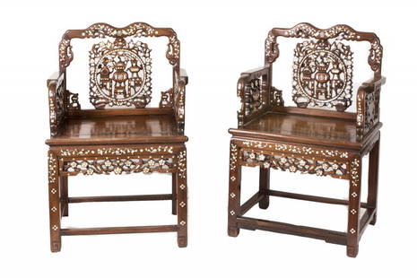 Pair of Chinese Hardwood Armchair, MOP, 19th century: Pair of Chinese Hardwood or possibly Huanghuali Armchairs, with mother-of-pearl inlaid, 19th century. Good condition. The foliate-carved, pierced and inlaid back with arched cresting, the seat is carv