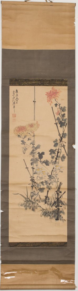 Chinese Flower and Plants Scroll Painting: Chinese scroll ink and color on paper painting, depicting flowers and plants, signature after Chen Banding(1876--1970). Length 30" Width 11.25"