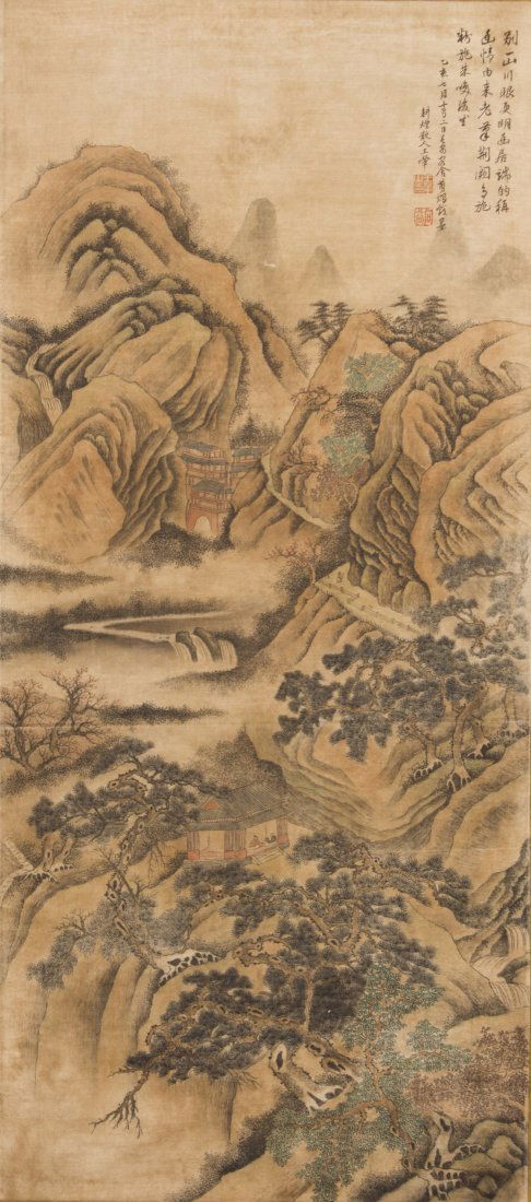 Chinese Scroll Mountainous Landscape Painting: Chinese Scroll ink and color on paper painting, depicting spacious mountainous landscape scenery with verse, signature after Wang Hui.(1632-1717). Length 36.25" Width 16"