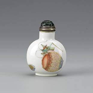 Chinese Famille Rose Porcelain Snuff Bottle: Chinese Famille Rose Porcelain Snuff Bottle, with a playful mantis painting on the surface, a recessed base and a gemstone cap, with Dao Guang mark on the bottom. Height 3"