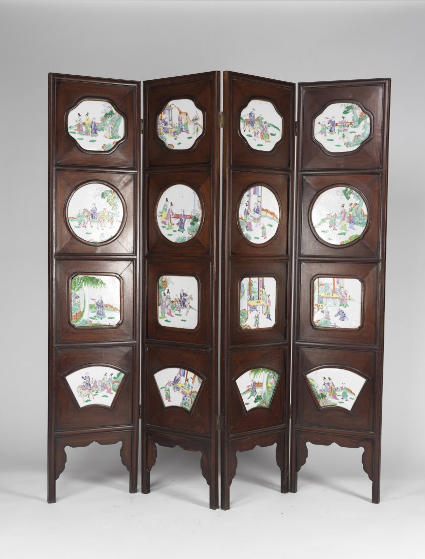 A Chinese Four Panel Porcelain Plaque inlaid Hardwood: A Chinese Four Panel Porcelain Plaque inlaid Hardwood Screen, 19th Century. Each panel divided into four sections mounted with finely painted sixteen porcelain plaques in assorted shapes, depicting an