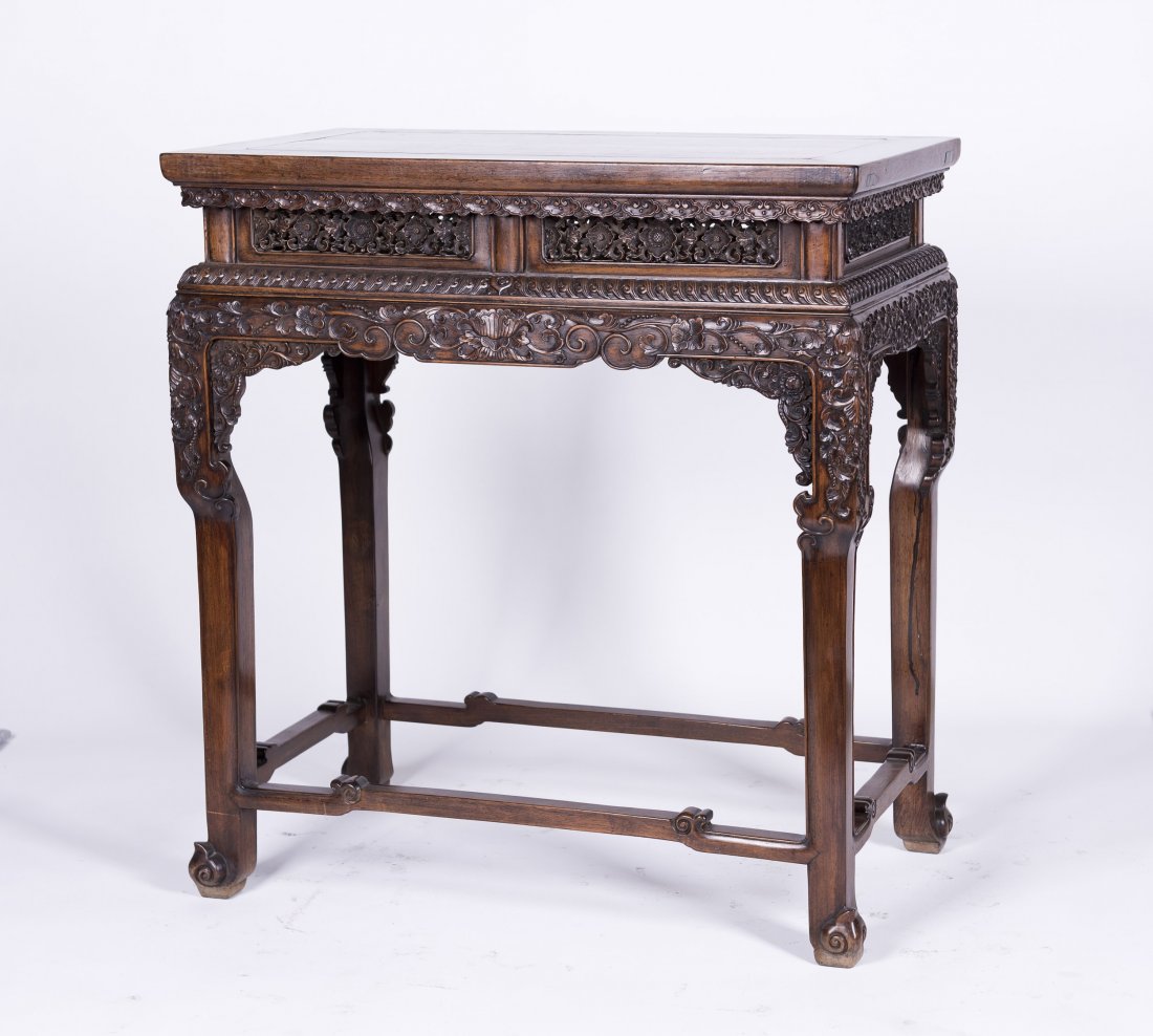 Zitan or Hardwood Altar Table: Small Zitan or Hardwood Altar Table with exquisite Chinese traditional auspicious carving. Length 32" Width 18.75" Height 34.75"