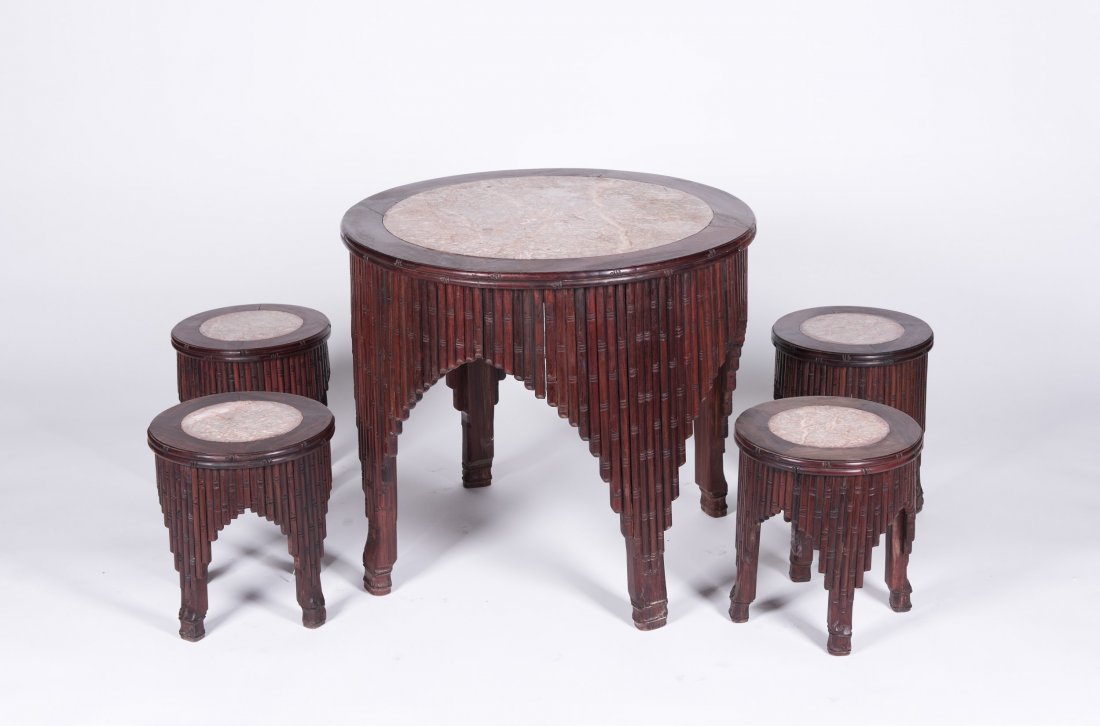 Hardwood Round Table with Four Chairs: Red Hardwood Round Table with Four Chairs. Carved as bamboo and one round soapstone is inlaid to the center. Diameter 28.5" Height 25.25" / Diameter 12" Height 13.5"