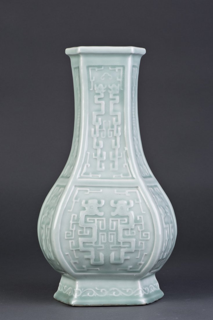 Dou Qing Blue Glazed Vase: Classic Dou Qing Blue Glazed Vase with hexagonal shape and recessed base with low foot, featuring exquisite archaistic imprint detailing six Chinese calligraphic characters seal stamp imprint on the f