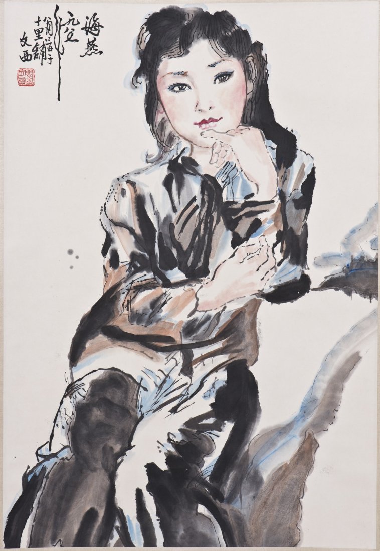 A Chinese Scroll painting: TBD A Chinese Hanging Scroll Painting, ink and color on paper, depicting a young girl named Hai Yan, attributed to Liu Wenxi with one red seal,dated 1987. Height 49" Width 23.5"