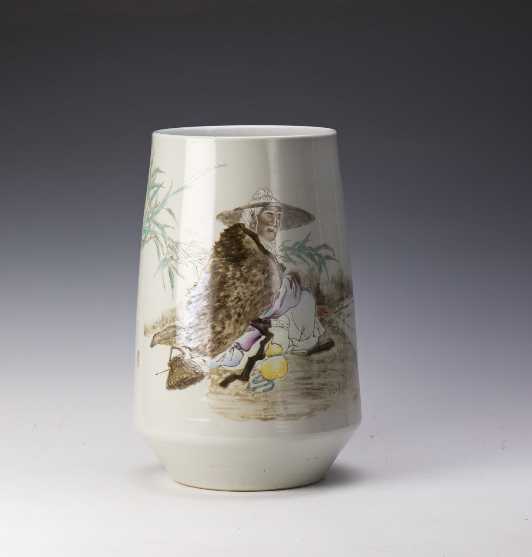 CHINESE HAND-PAINTED WHITE PORCELAIN VASE: A Chinese hand-painted White Porcelain vase with a subtly tapered body shape depicting an elderly man fishing by the shore, attributed to Wang Longfu. Chinese calligraphy on the other side. One seal i