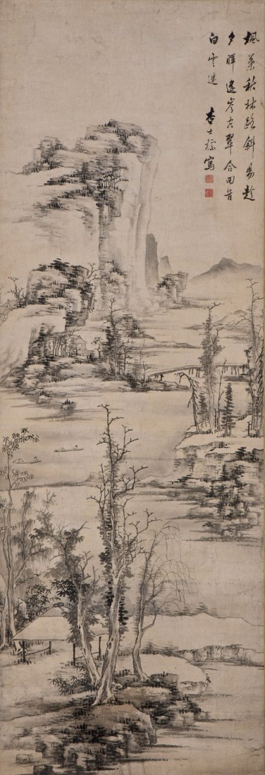 A SCROLL PAINTING OF LANDSCAPE MOTIF, ZHA SHIBIAO: A scroll painting depicting magnificent landscape of craggy mountain views and leafless tress, ink on paper, inscribed with seals after Zha Shibiao, from Kosetsu Museum. Height 53" Width 18"