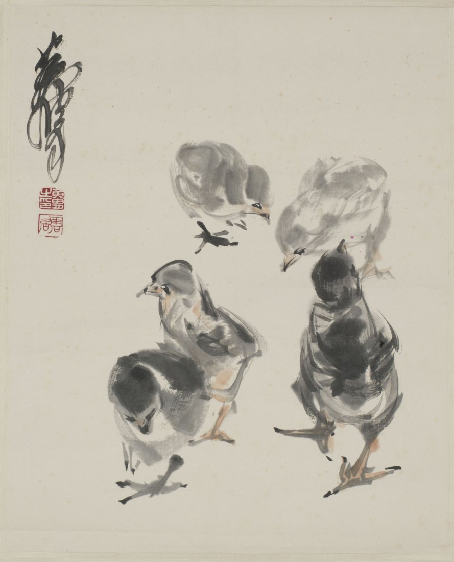 A CHINESE PAINTING OF CHICKEN MOTIF, AFTER HUANG ZHOU: The Chinese painting depicting five chickens pecking for food, ink and color on paper, signed with red seals attributed to Huang Zhou. 3831cm
