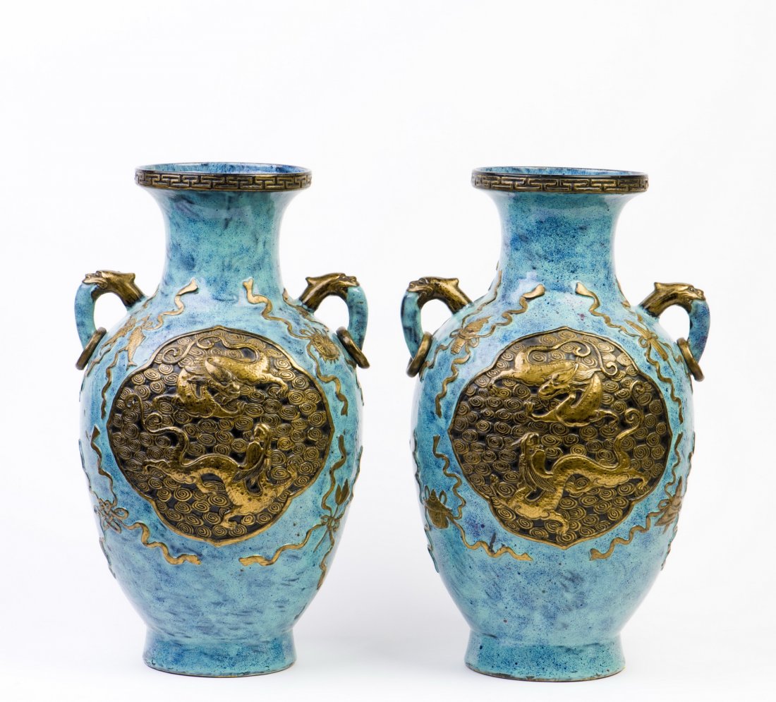 A PAIR OF ENAMELLED ROBIN'S-EGG AND GOLD-GLAZED VASES,: A PAIR OF ENAMELLED ROBIN'S-EGG AND GOLD-GLAZED VASES, QING DYNASTY Height 15 in. (38.1 cm.) Width 8.5 in. (21.59 cm.)