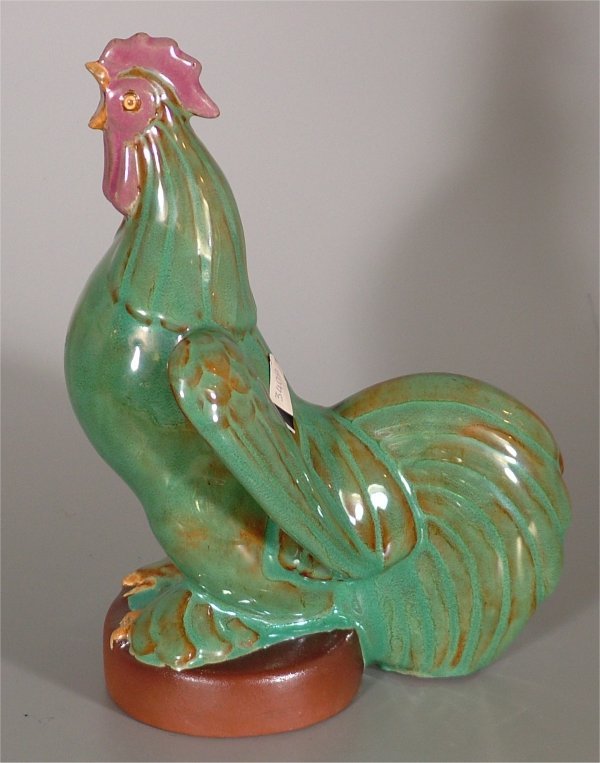 NICODEMUS CROWING ROOSTER 8"H, GREEN GLAZE