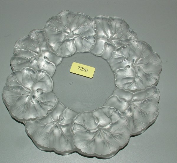 SIGNED LALIQUE PLATE W/PANSIES 6" DIAM