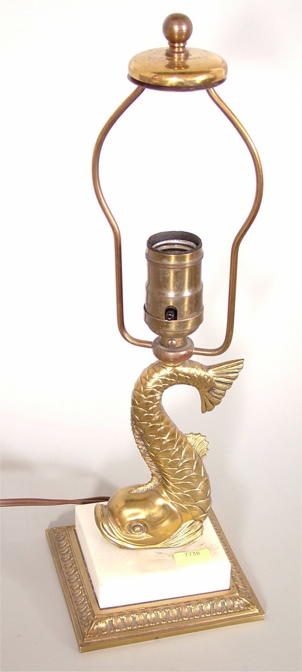 PAIRPOINT CAST METAL & MARBLE LAMP BASE W/FISH DE: PAIRPOINT CAST METAL & MARBLE LAMP BASE W/FISH DESIGN 14"H