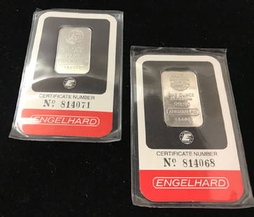 2 ENGELHARD 1 OZ. PLATINUM BARS, 99.95 PLATINUM, COMES: 2 ENGELHARD 1 OZ. PLATINUM BARS, 99.95 PLATINUM, COMES WITH CARDBOARD BOX *tax exempt*