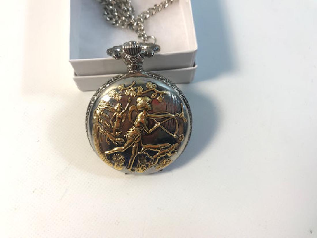 SILVER TONE POCKET WATCH ON CHAIN ~ HIGH RELIEF GREEK (1 of 3)