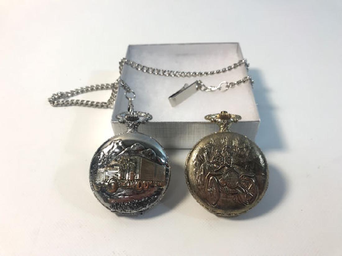 TWO POCKET WATCHES ~ HIGH RELIEF VINTAGE CAR AND: TWO POCKET WATCHES ~ HIGH RELIEF VINTAGE CAR AND SEMI-TRUCK DESIGNS. 1.75" INDIAMETER. GOLD TONE FROM ACCUTIME (WHITE FACE). SILVER TONE (ON CHAIN)W/EMBOSSED REVERSE AND TAPERED BLACK HANDS ON FACE FR
